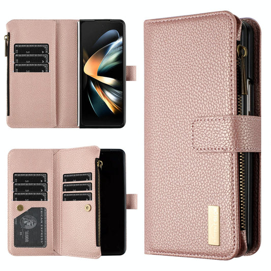 For Samsung Galaxy Z Fold4 5G Litchi Texture Zip Wallet - Gold
