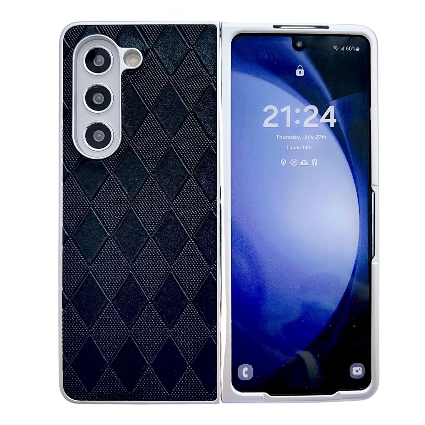 For Samsung Galaxy Z Fold4 5G Checkered Leather Phone Case With Pearlescent Finish - Black