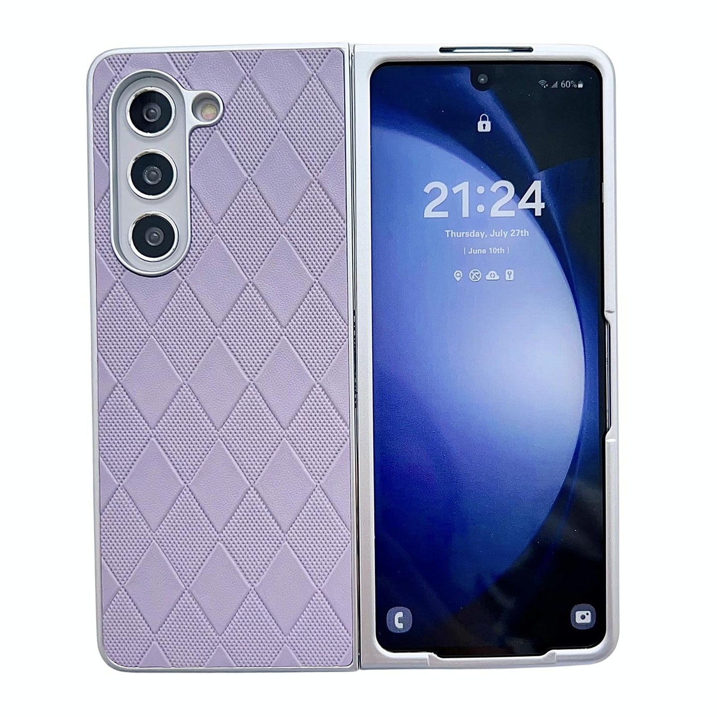 For Samsung Galaxy Z Fold4 5G Checkered Leather Phone Case With Pearlescent Finish - Black