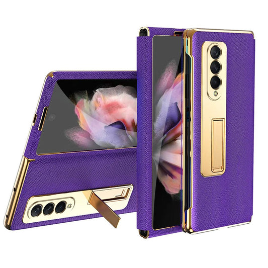 For Samsung Galaxy Z Fold4 5G Flip Case With Tempered Film - Textured Hinge - Purple