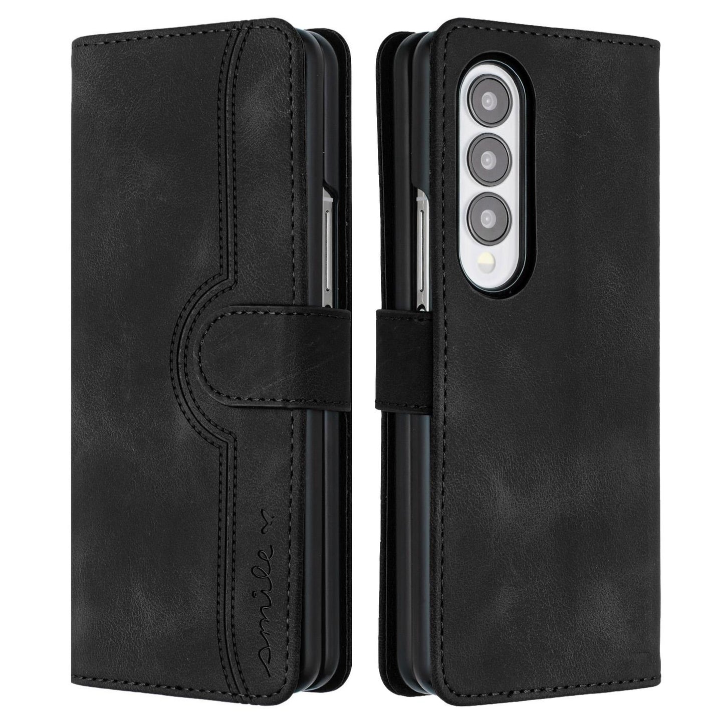 For Samsung Galaxy Z Fold4 5G Leather Phone Case With Heart Pattern - Black