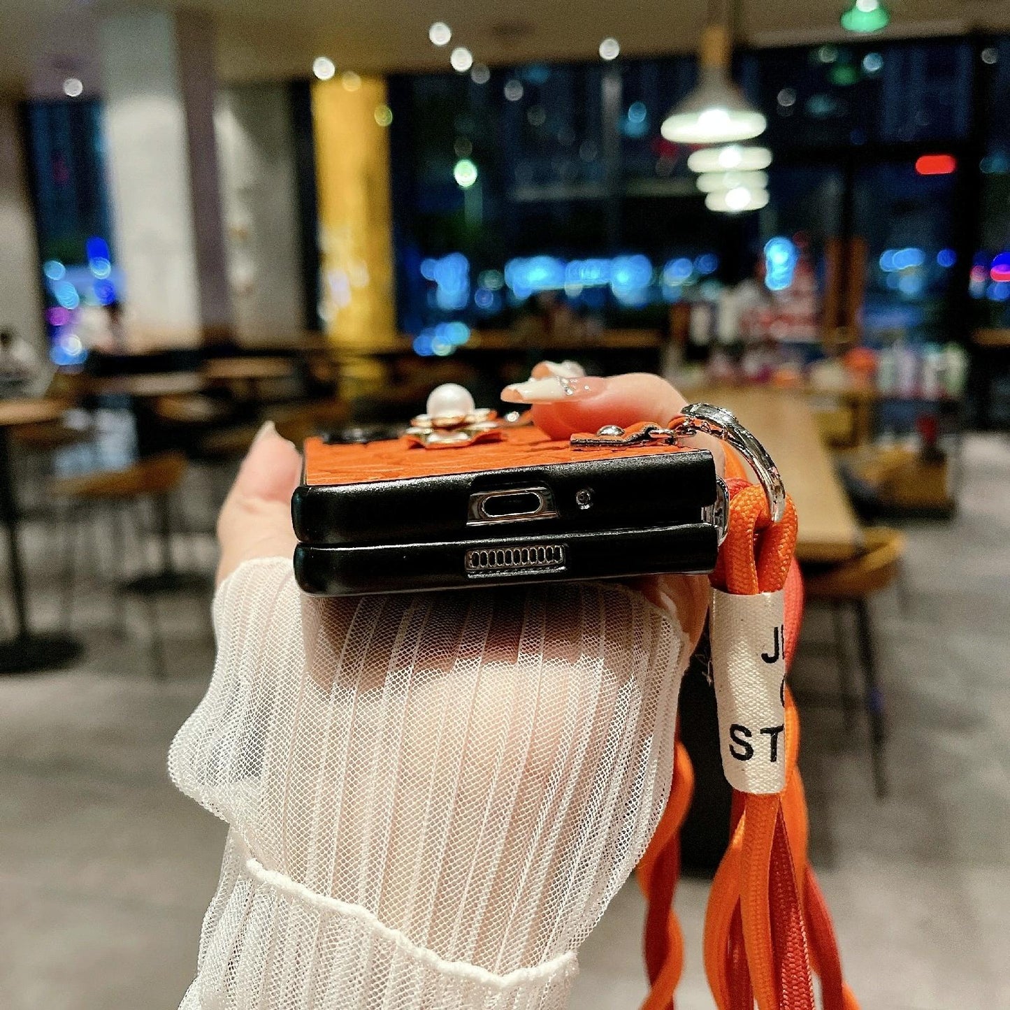 For Samsung Galaxy Z Fold4 5G Camellia Pattern Phone Case With Lanyard - Orange