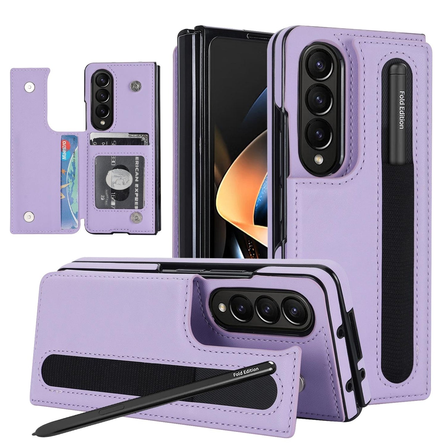 For Samsung Galaxy Z Fold4 5G Double Buckle Foldable Phone Case With Pen Slot - Purple