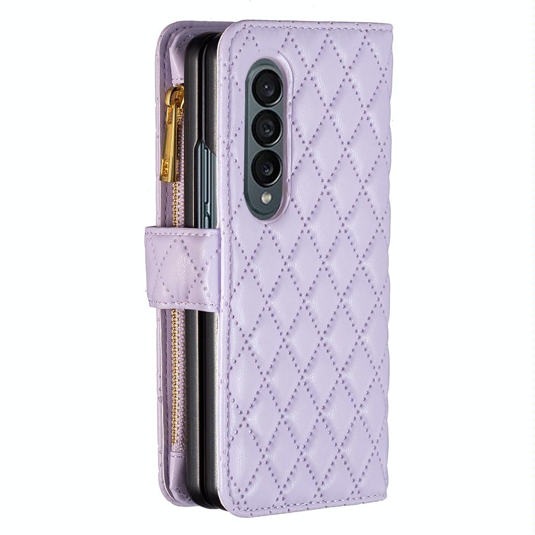 For Samsung Galaxy Z Fold4 5G Leather Zip Wallet - Diamond Lattice Design - White