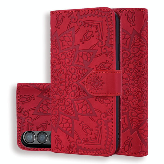 For Samsung Galaxy Z Fold4 5G Dual Fold Mandala Leather Case - Embossed Design - Red