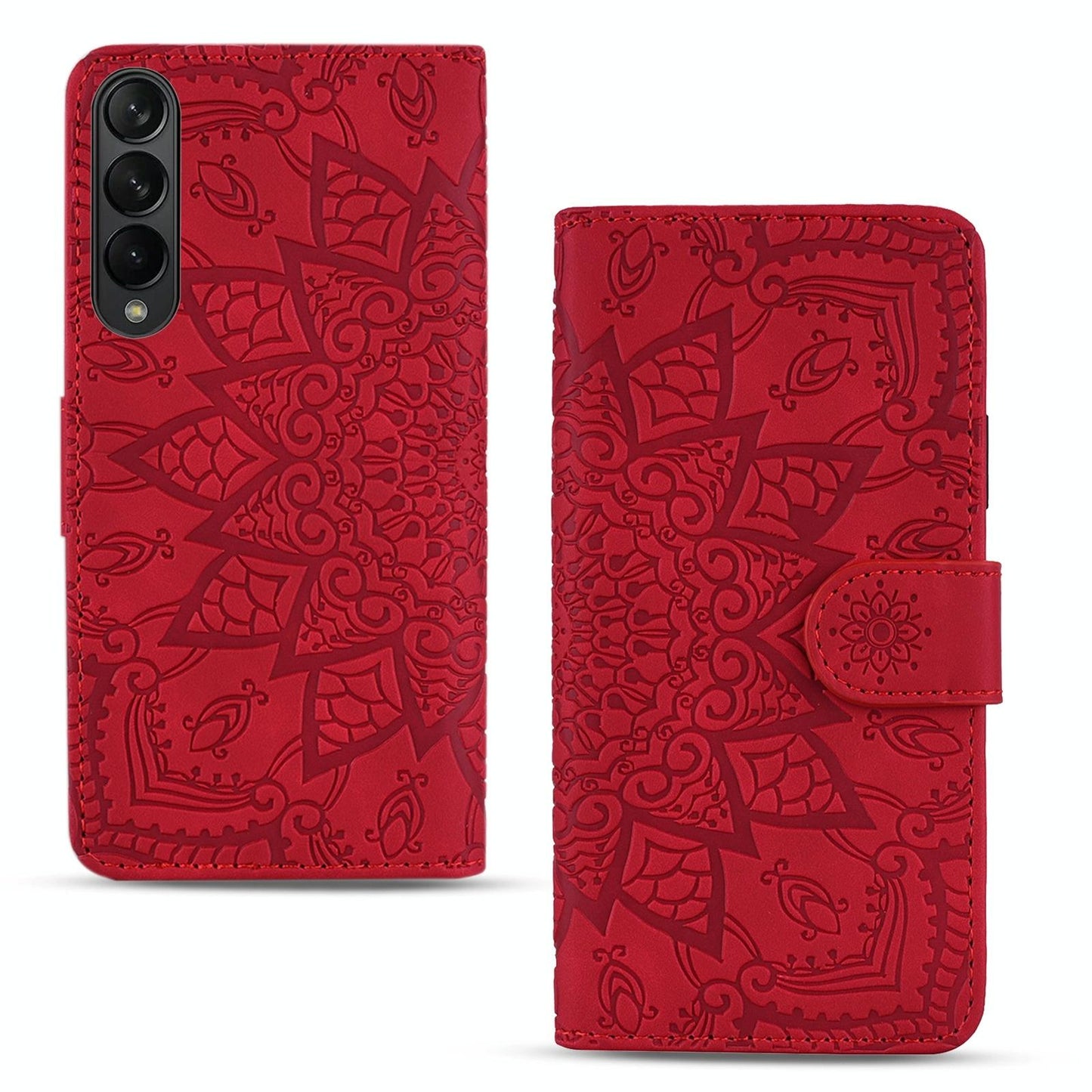 For Samsung Galaxy Z Fold4 5G Dual Fold Mandala Leather Case - Embossed Design - Red