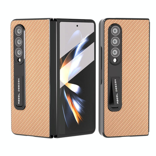 For Samsung Galaxy Z Fold4 5G Carbon Fiber Phone Case With Holder - Gold