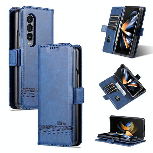For Samsung Galaxy Z Fold4 5G Leather Magnetic Phone Case - Calf Texture - Dark Blue