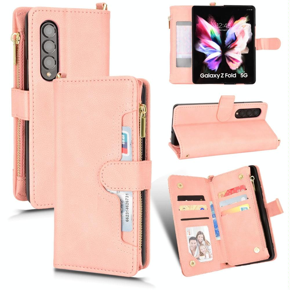 For Samsung Galaxy z Fold4 5G Zipper Leather Phone Case with Litchi Texture - Pink