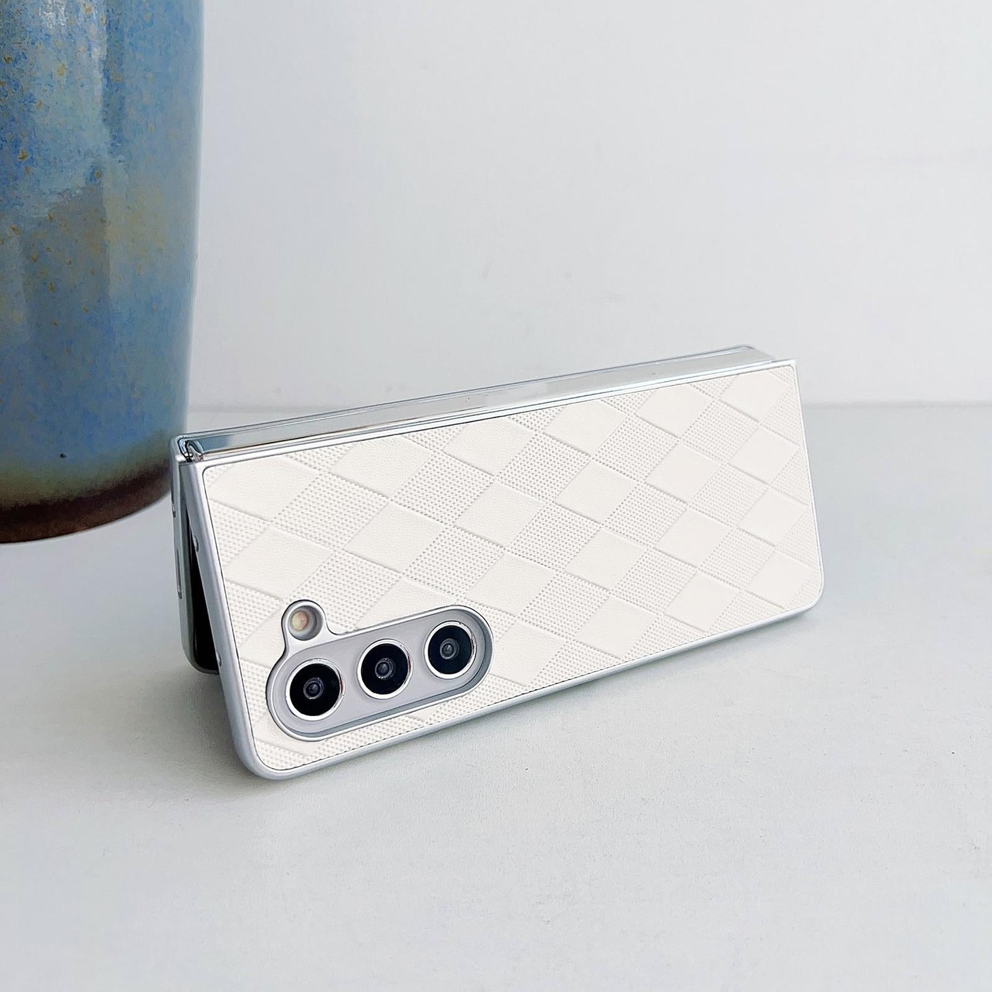 For Samsung Galaxy Z Fold4 5G Checkered Leather Phone Case With Pearlescent Finish - Purple