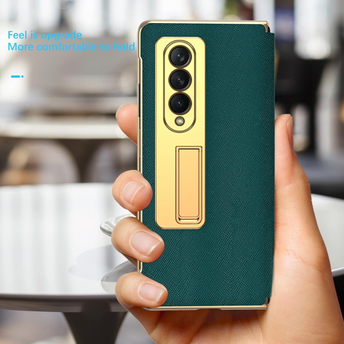 For Samsung Galaxy Z Fold4 5G Flip Case With Tempered Film - Textured Hinge - Cyan