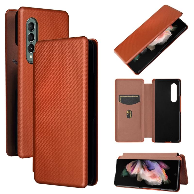 For Samsung Galaxy Z Fold4 5G Carbon Fiber Flip Leather Case - Brown