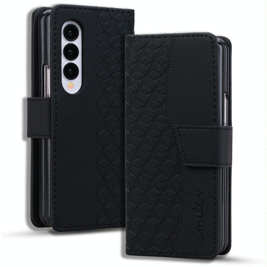 For Samsung Galaxy Z Fold4 5G Leather Phone Case With Diamond Buckle And Lanyard - Black