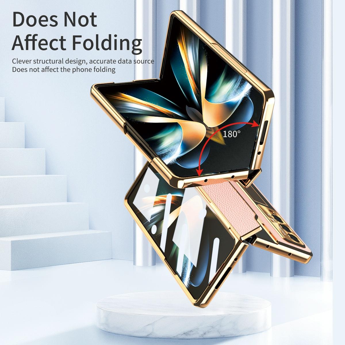 For Samsung Galaxy z Fold4 5G Full Coverage Phone Case with Hinge - Integrated Design - Gold + Pink