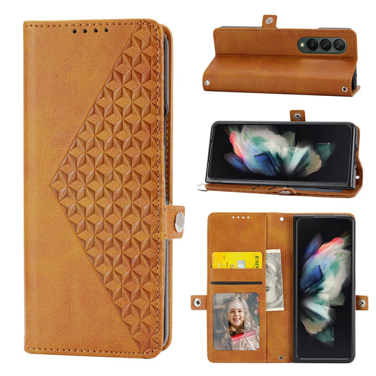 For Samsung Galaxy Z Fold4 5G Textured Leather Phone Case - Cubic Grid Design - Yellow