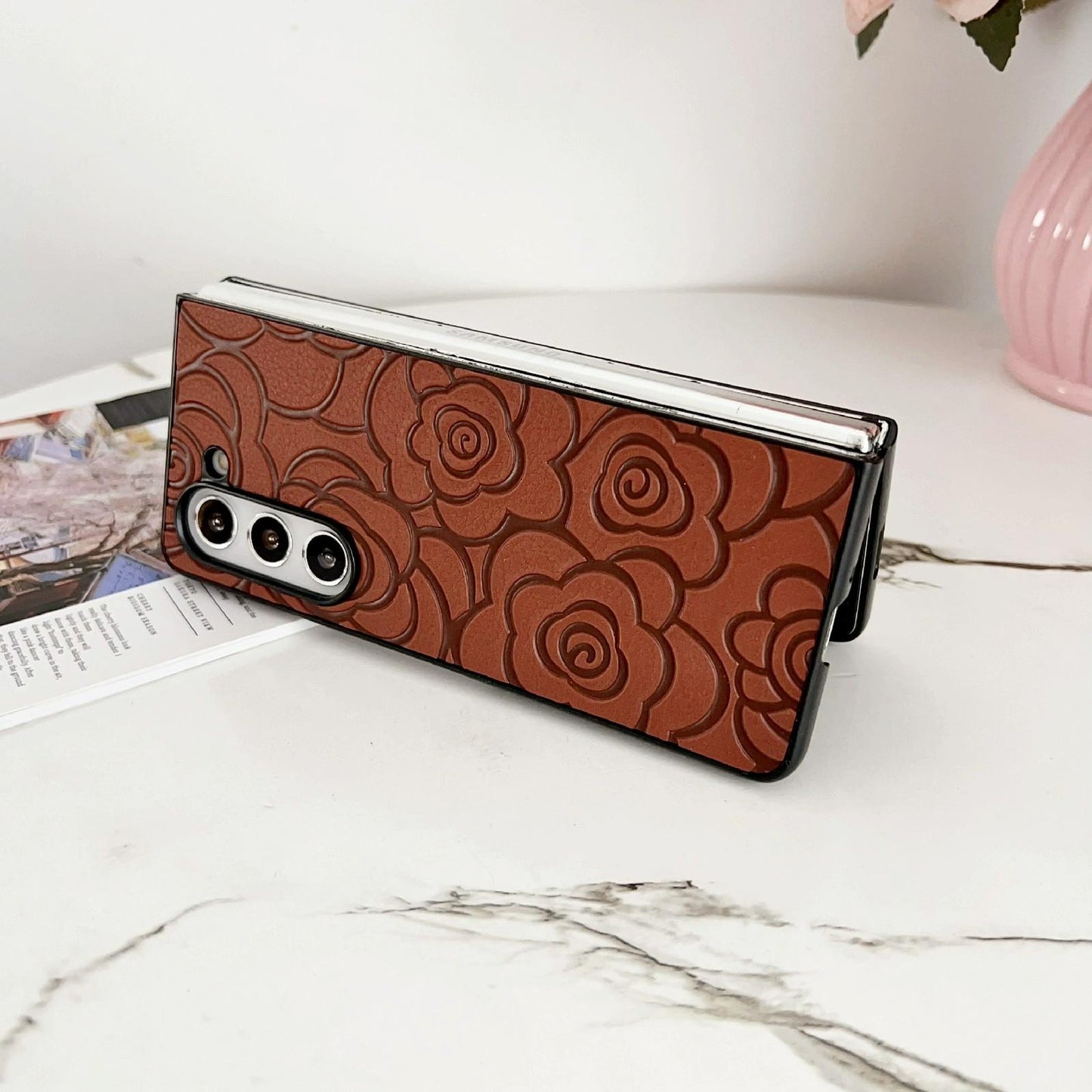 For Samsung Galaxy Z Fold4 5G Floral Print Protective Phone Case - Brown