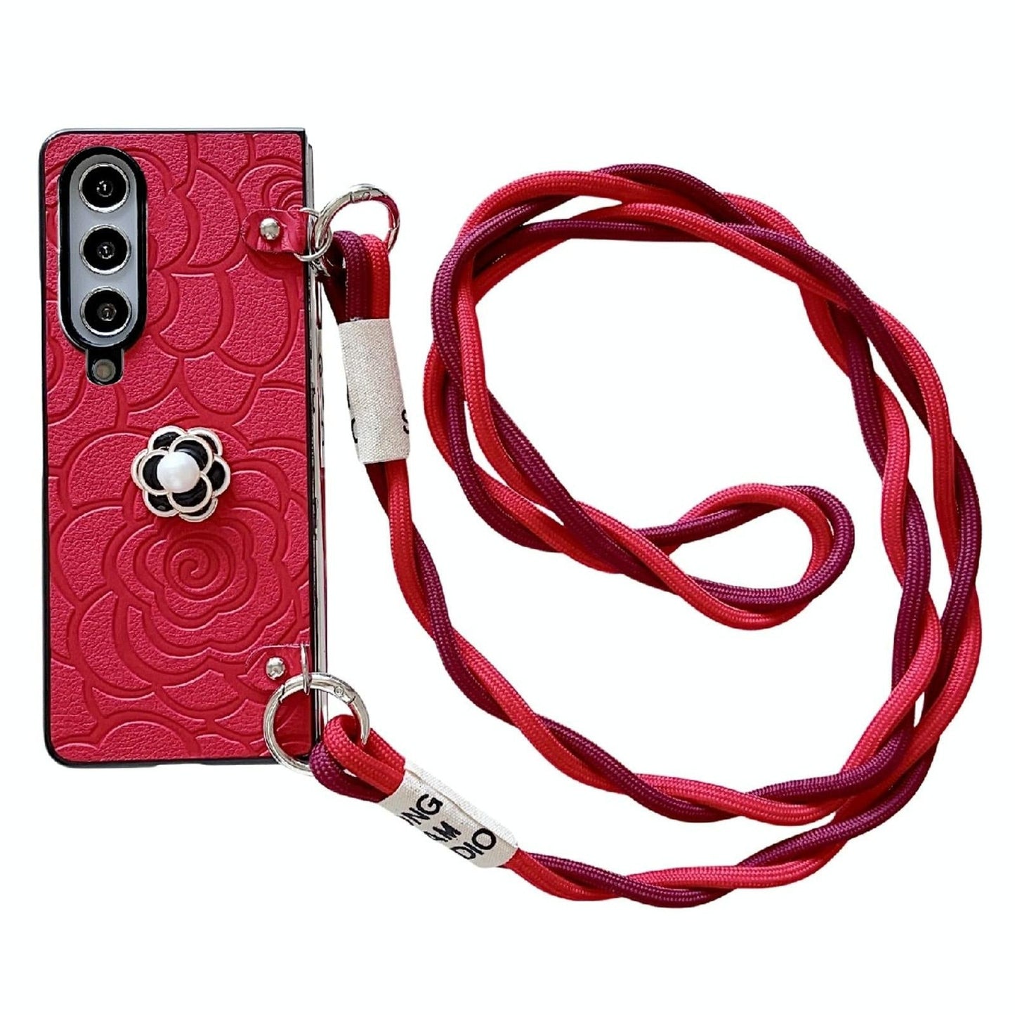 For Samsung Galaxy Z Fold4 5G Camellia Pattern Phone Case With Lanyard - Red