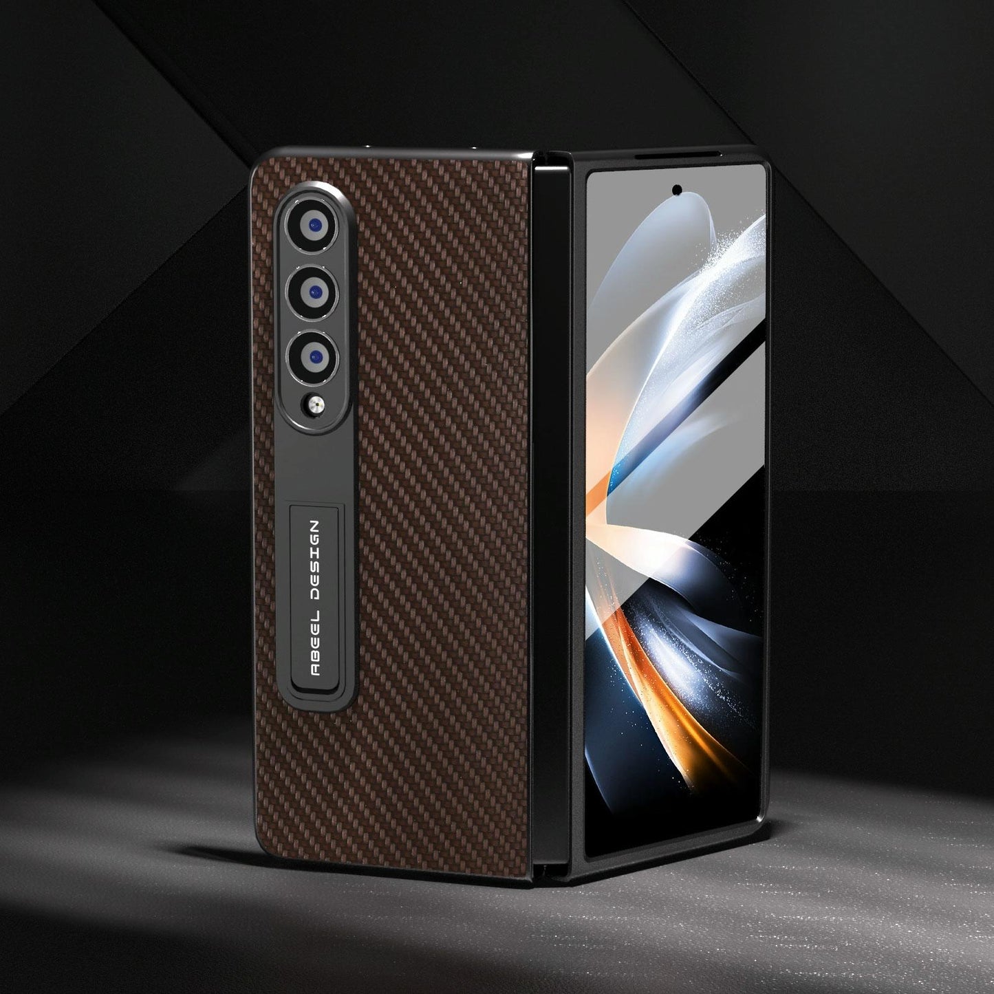 For Samsung Galaxy Z Fold4 5G Carbon Fiber Phone Case With Holder - Black