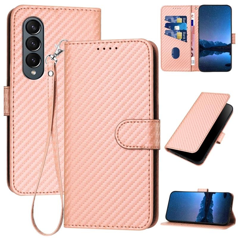 For Samsung Galaxy Z Fold4 5G Carbon Fiber Leather Phone Case With Lanyard - Pink