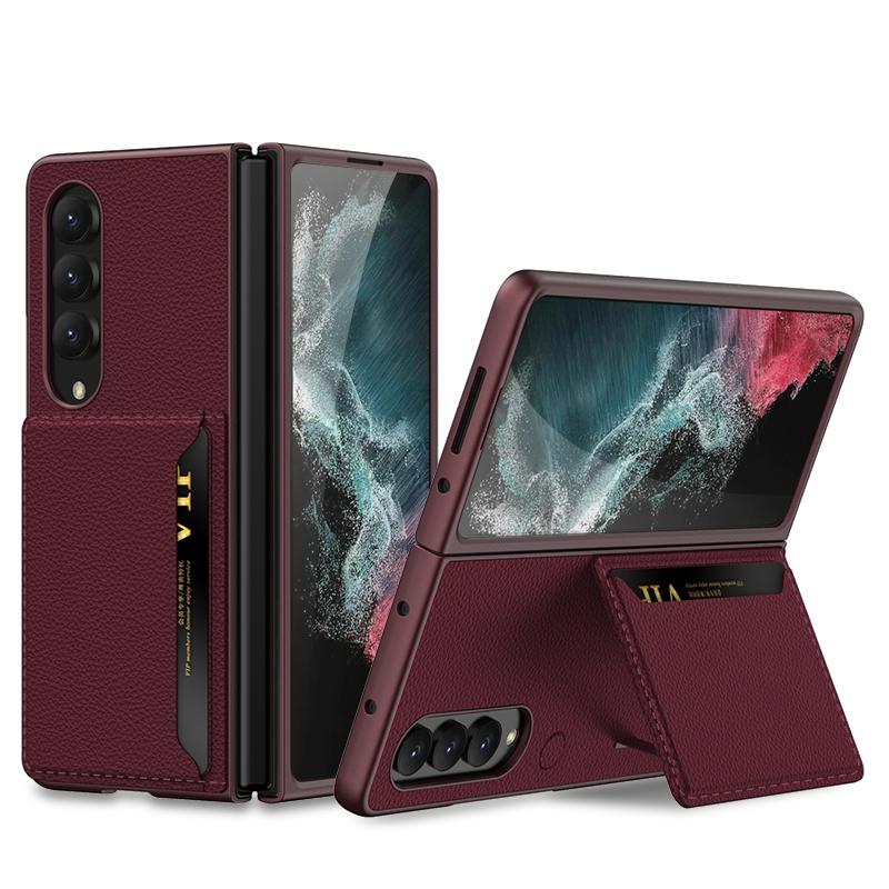 For Samsung Galaxy Z Fold4 5G Leather Case With Card Slots - Ultra Thin - Wine Red
