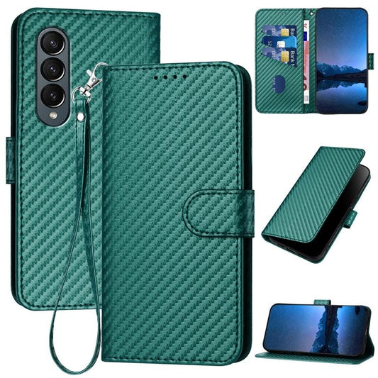 For Samsung Galaxy Z Fold4 5G Carbon Fiber Leather Phone Case With Lanyard - Dark Green