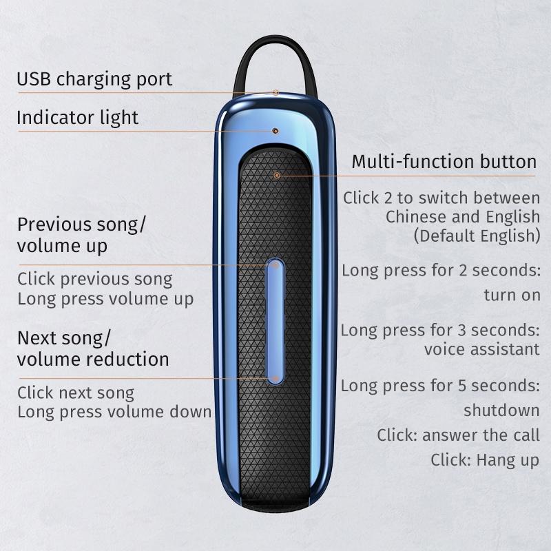 Wireless Unilateral Ear-mounted Earphone with Noise Reduction - Black Blue