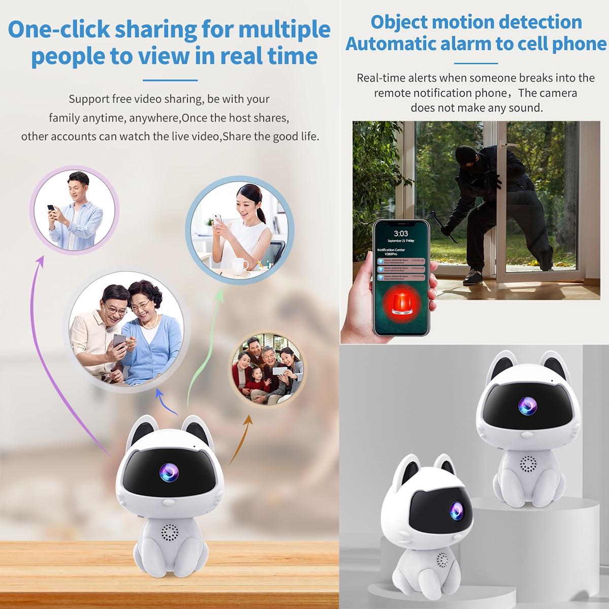 Smart Home Camera With Night Vision & Two-Way Voice & Motion Detection - Cute Pets White