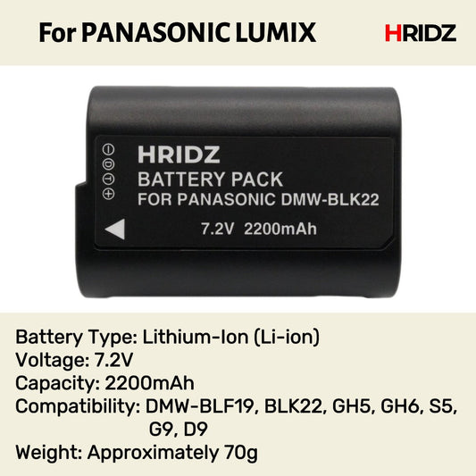 Hridz BLK22 2pcs Battery for Panasonic DMW-BLK22 LUMIX DSLR - 2-batteries only