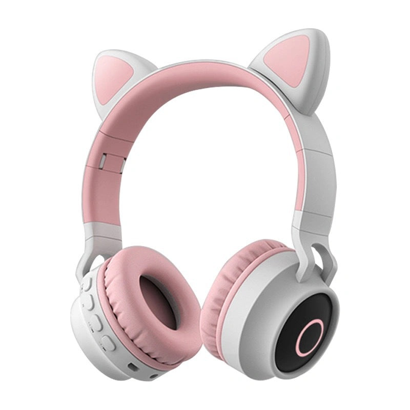 Adorable Cat Ear Wireless Headphones - Bluetooth 5.0, Foldable Design, Glowing RGB LED Lights - Cute Grey  Headset