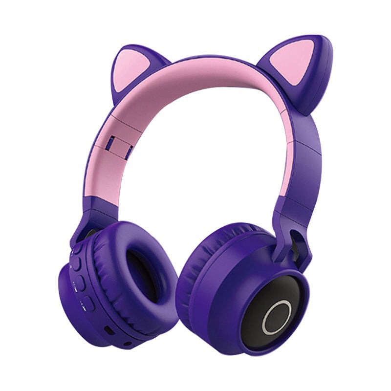 Adorable Cat Ear Wireless Headphones - Bluetooth 5.0, Foldable Design, Glowing RGB LED Lights - Cute Purple Headset