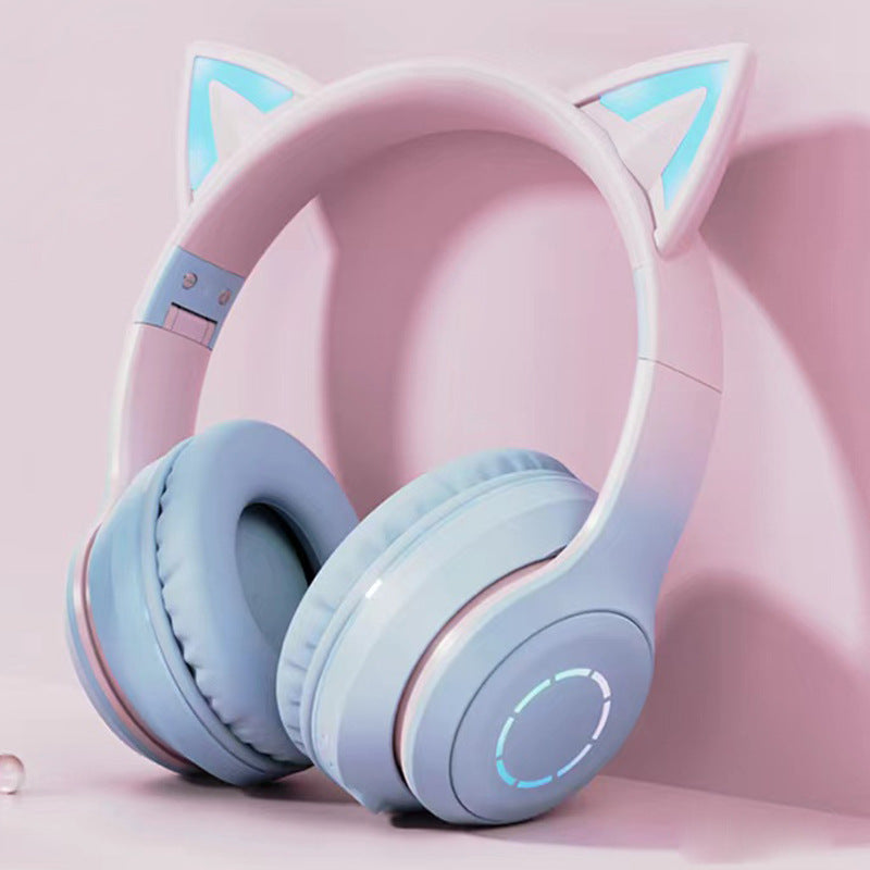 Blue Wireless Cat Ear Headphones with RGB Lights & Detachable Mic - Bluetooth 5.1