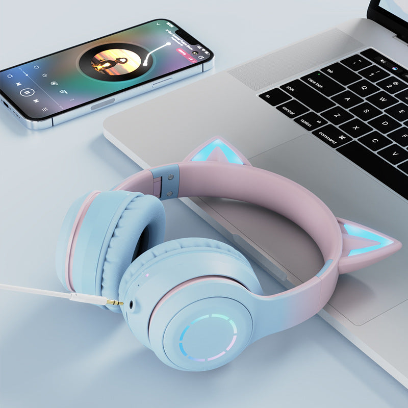 Blue Wireless Cat Ear Headphones with RGB Lights & Detachable Mic - Bluetooth 5.1