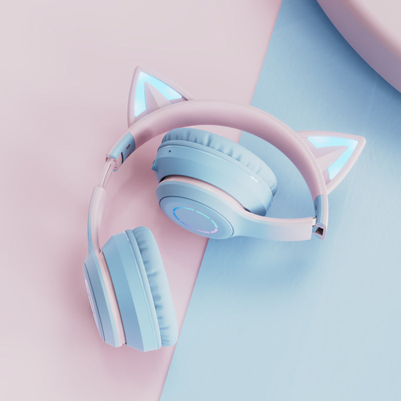 Blue Wireless Cat Ear Headphones with RGB Lights & Detachable Mic - Bluetooth 5.1