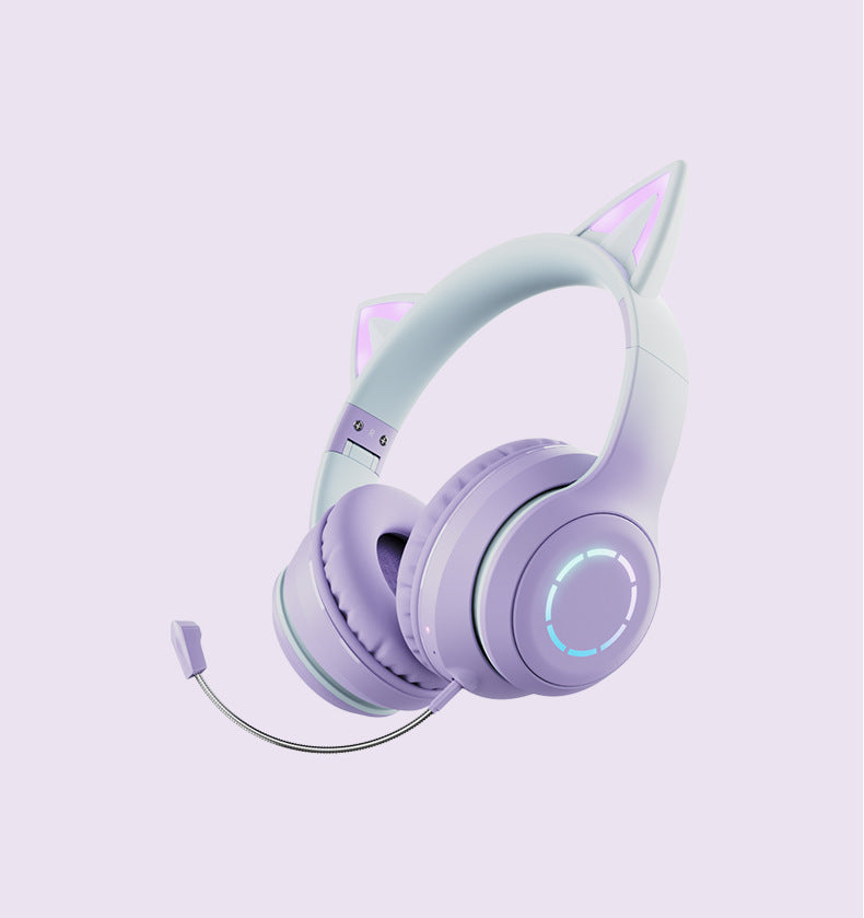 Purple Wireless Cat Ear Headphones with RGB Lights & Detachable Mic - Bluetooth 5.1