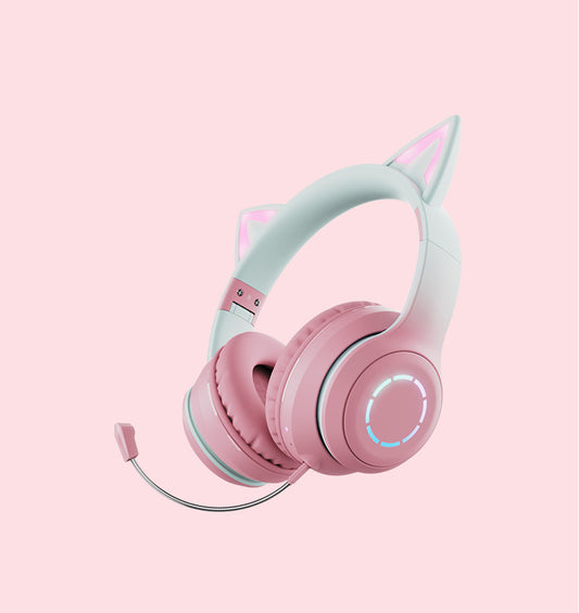 Pink Wireless Cat Ear Headphones with RGB Lights & Detachable Mic - Bluetooth 5.1