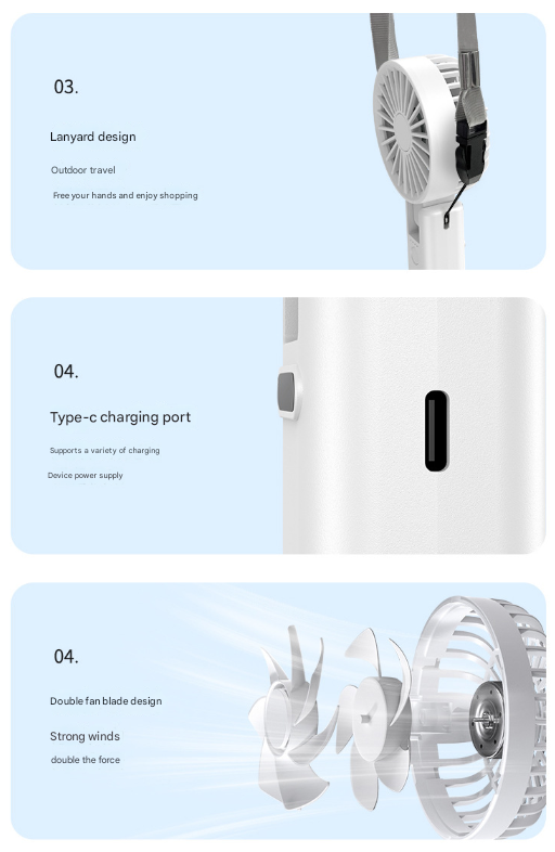 Dual-Blade Portable Neck Fan - Rechargeable USB Fan with Carabiner