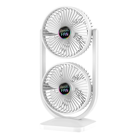 White Dual Head USB Rechargeable Desk Fan - Portable Double Air Circulator