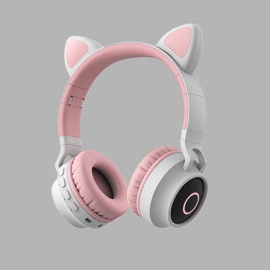 Light Grey And Pink Cat Ear Bluetooth Headphones with LED Lights - Wireless, Foldable