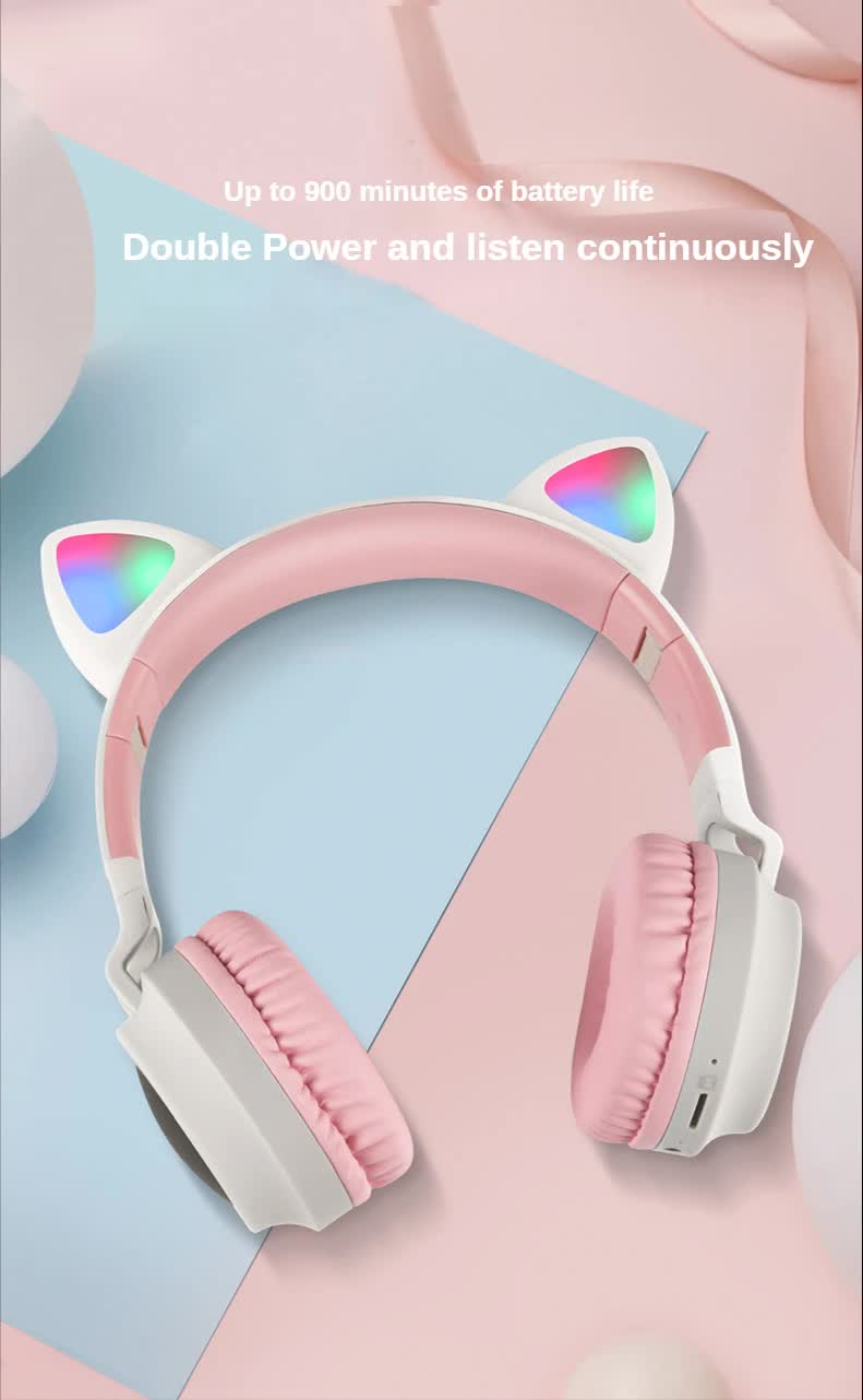 Light Grey And Pink Cat Ear Bluetooth Headphones with LED Lights - Wireless, Foldable