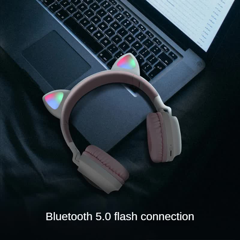Purple And Pink Cat Ear Bluetooth Headphones with LED Lights - Wireless, Foldable