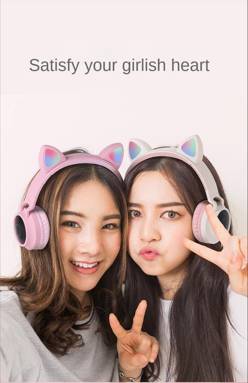 Blue And Grey Cat Ear Bluetooth Headphones with LED Lights - Wireless, Foldable