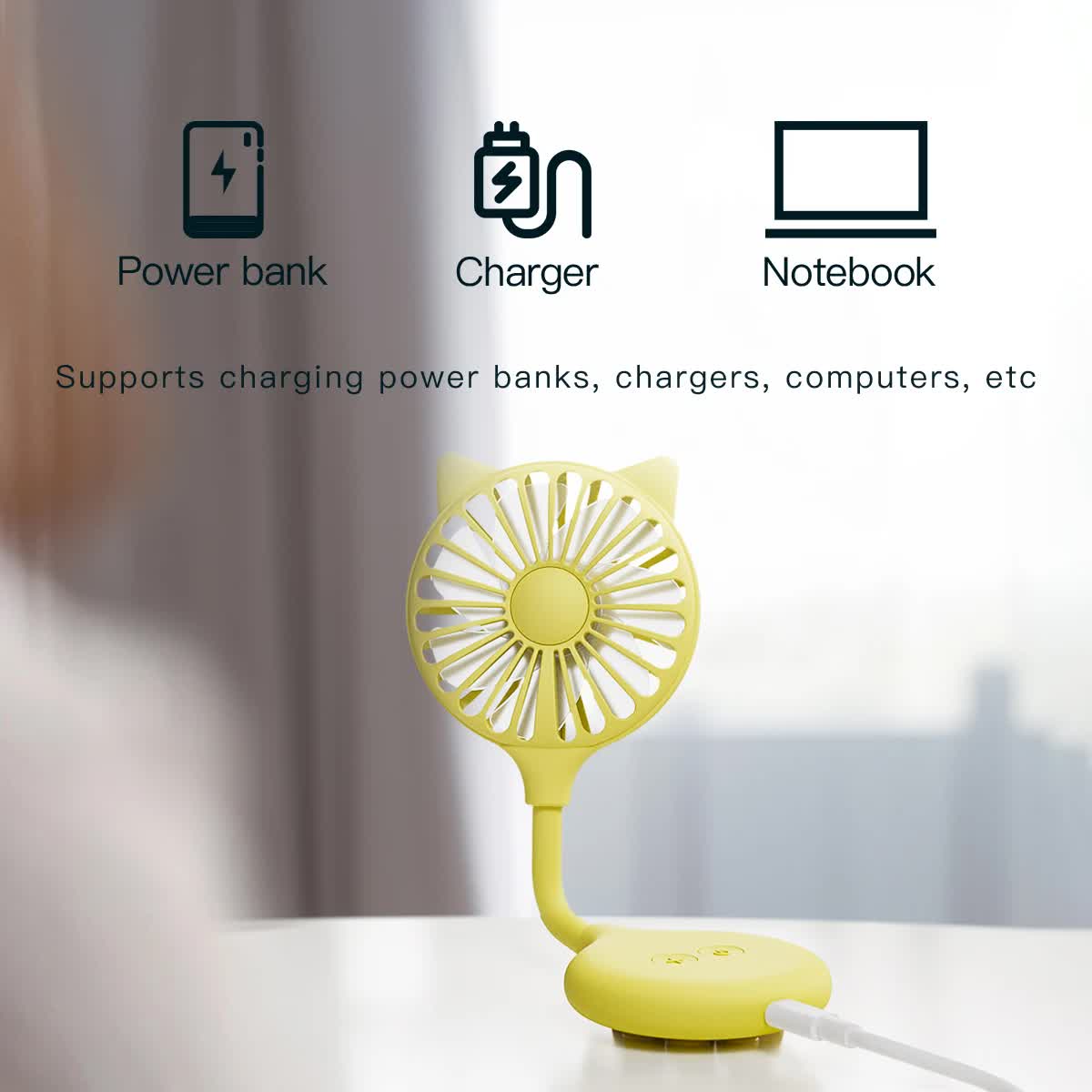 2 Pcs Blue Portable USB Mini Fan with Suction Cup - 360-Degree Adjustable Foldable Desktop Fan with 3 Speed Settings
