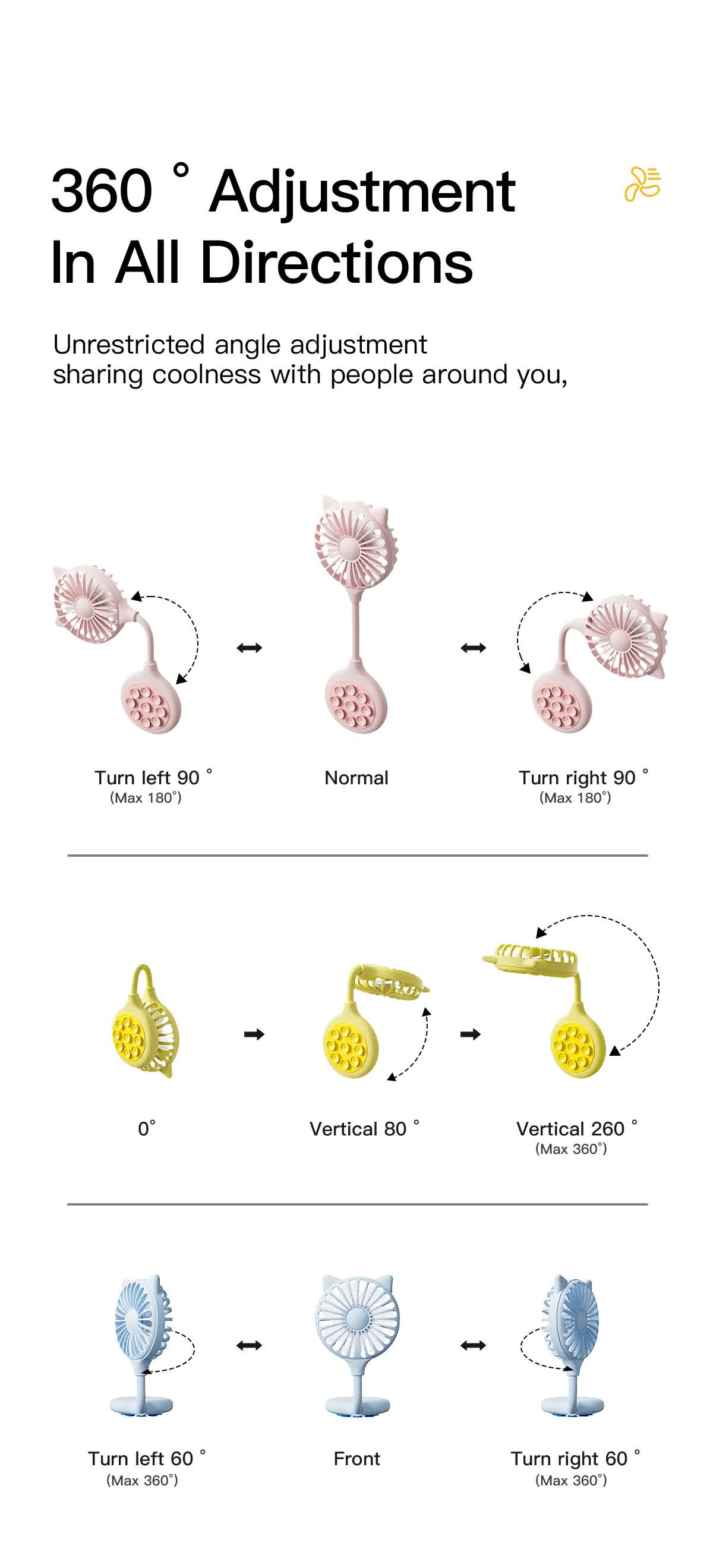 2 Pcs Blue Portable USB Mini Fan with Suction Cup - 360-Degree Adjustable Foldable Desktop Fan with 3 Speed Settings