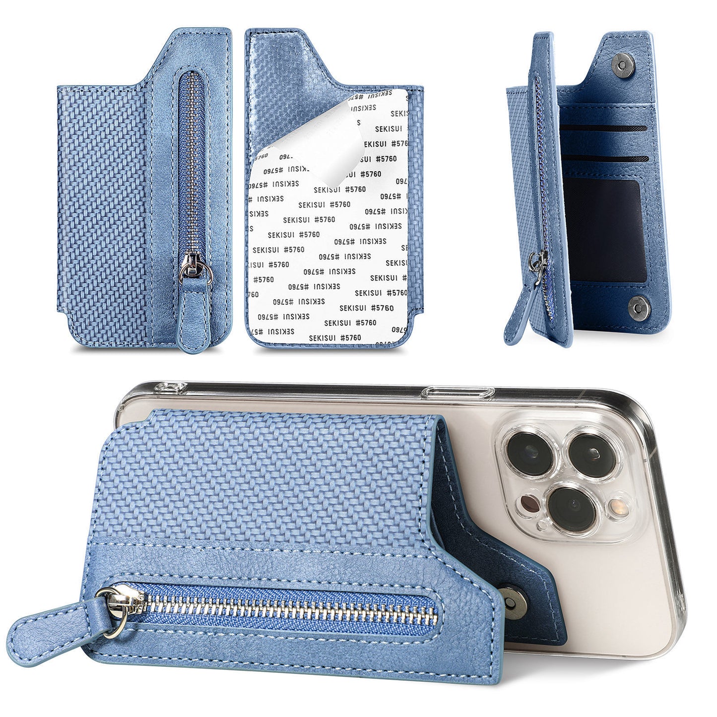 2 Pcs Blue Multifunction Stick-On Phone Wallet - PU Leather Card Holder with Zipper & Flip Cover
