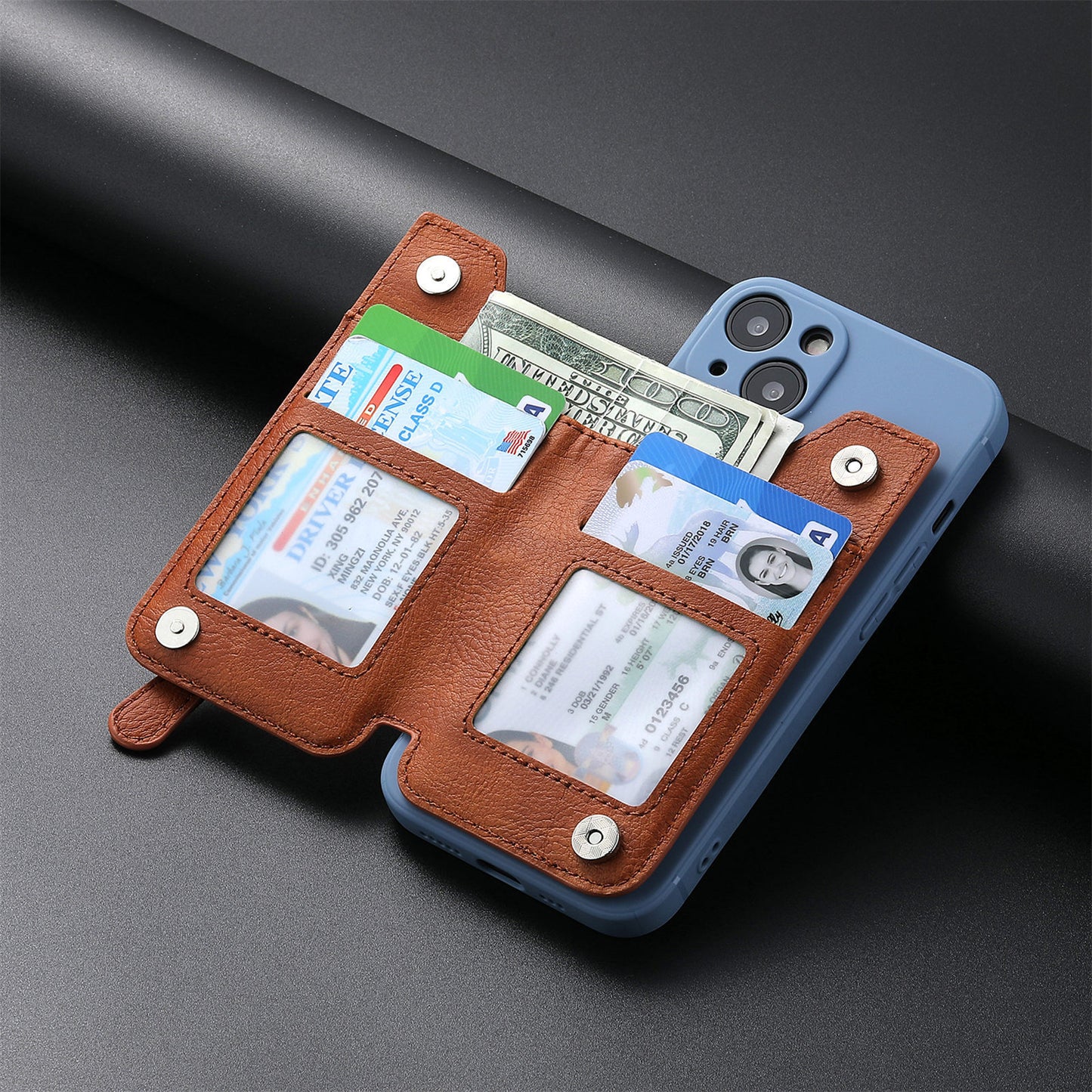 2 Pcs Brown Multifunction Stick-On Phone Wallet - PU Leather Card Holder with Zipper & Flip Cover