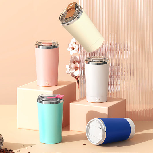 Light Yellow 316 Stainless Steel Rechargeable Electric Self-Stirring Mug - 420ml Automatic Mixing Cup with Magnetic Rotor
