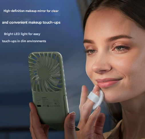 Green Portable Handheld Fan with Makeup Mirror - USB Rechargeable 3-Speed Mini Fan for Summer Cooling