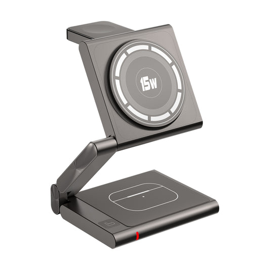 Silver-grey Magnetic 3-in-1 Wireless Charger for Apple Devices - 15W Fast Charging Station for iPhone, AirPods, and Apple Watch