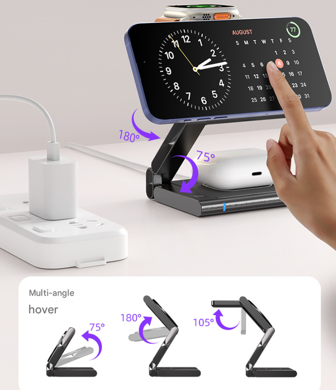 Silver Magnetic 3-in-1 Wireless Charger for Apple Devices - 15W Fast Charging Station for iPhone, AirPods, and Apple Watch