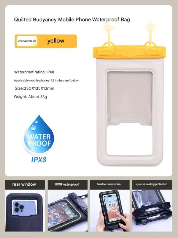 IPX8 Waterproof Phone Pouch with Inflatable Floating Layer,Touchscreen Dry Bag for Swimming(yellow)